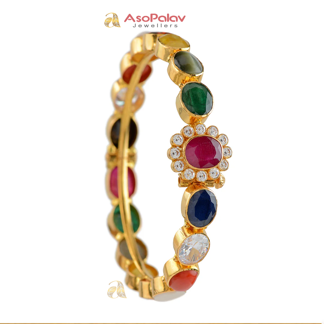 22K Navratna Gold Bangles with Traditional Hanging Design